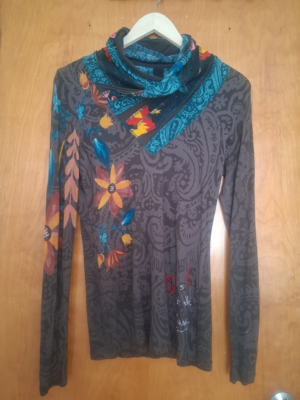 Desigual Womens Long-Sleeve Cowl Neck Top Charcoal with Multi Accents Artsy Fall